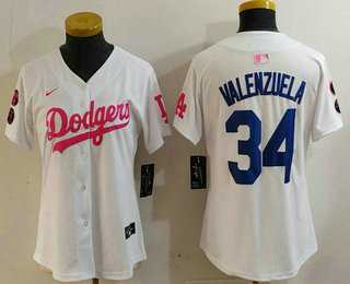 Womens Los Angeles Dodgers #34 Toro Valenzuela White Pink With Patch Limited Stitched Jersey